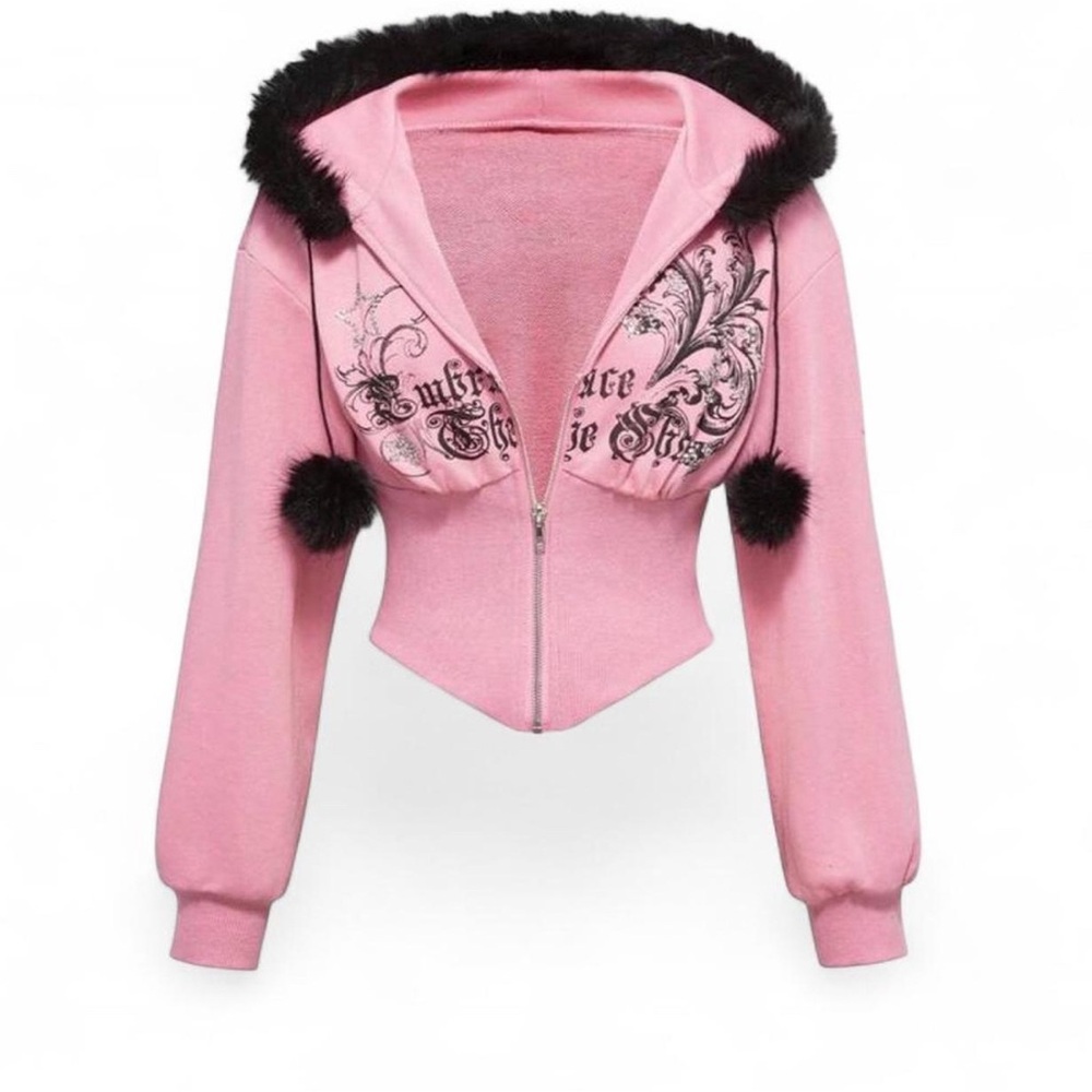 Pink Hoodie with Black Fur Trim